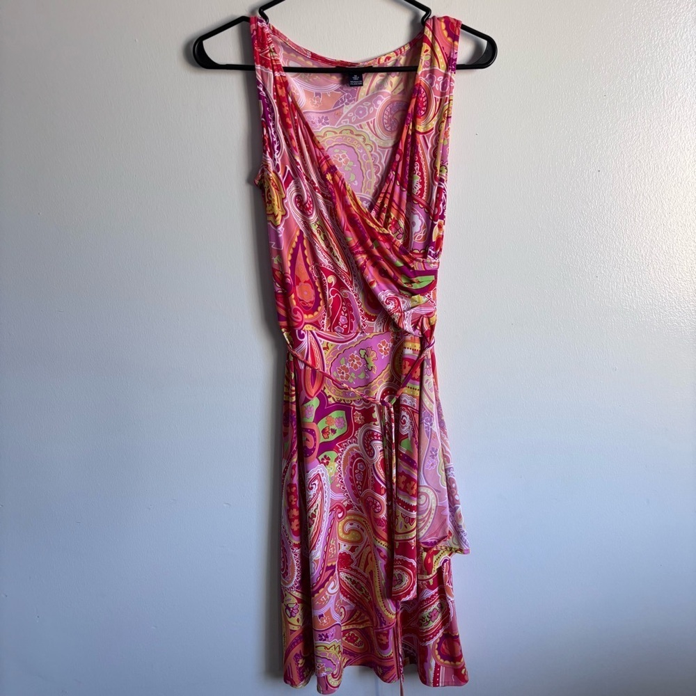 Chaps warm color Paisley print wrap V Neck Dress size Medium